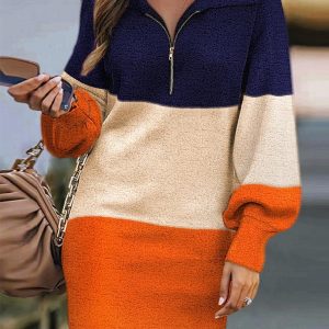 Colorblock Zip Front Lantern Sleeve Casual Dress