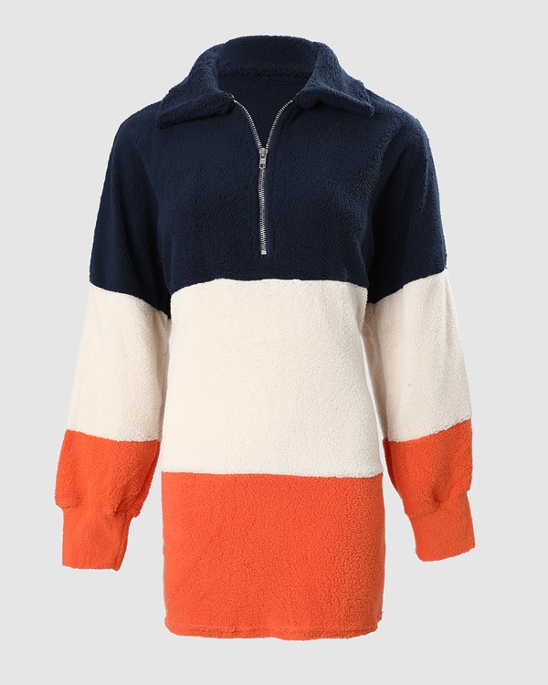 Colorblock Zip Front Lantern Sleeve Casual Dress
