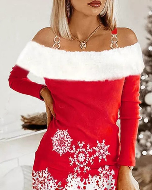 Christmas Snowflake Print Fuzzy Trim Cold Shoulder Dress