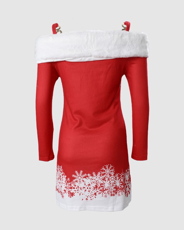 Christmas Snowflake Print Fuzzy Trim Cold Shoulder Dress