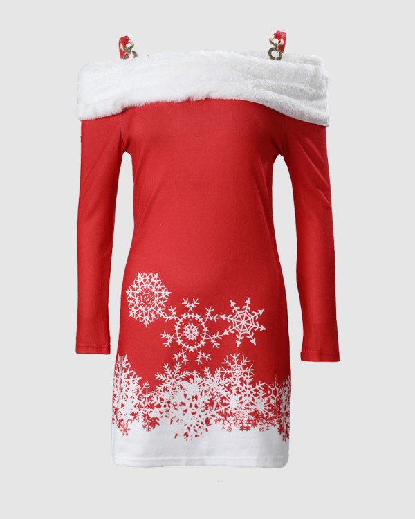 Christmas Snowflake Print Fuzzy Trim Cold Shoulder Dress