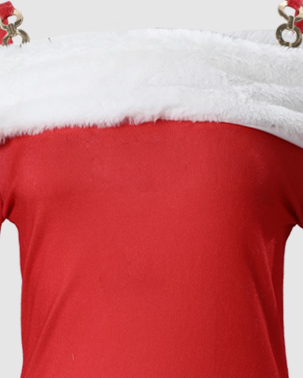 Christmas Snowflake Print Fuzzy Trim Cold Shoulder Dress