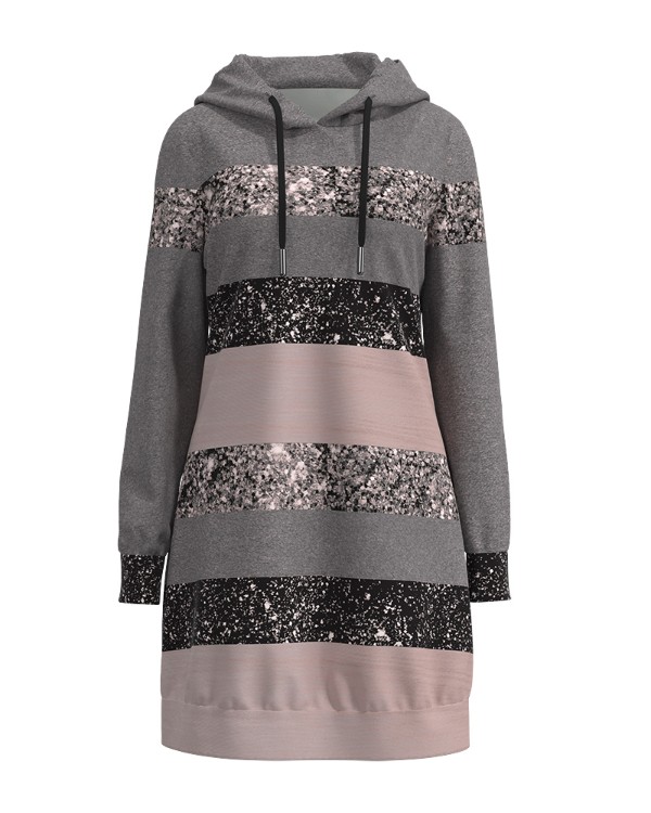 Colorblock Striped Print Hooded Long Sleeve Dress