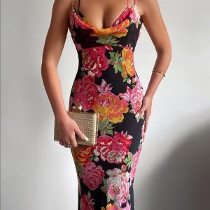Floral Print Spaghetti Strap Mermaid Evening Dress