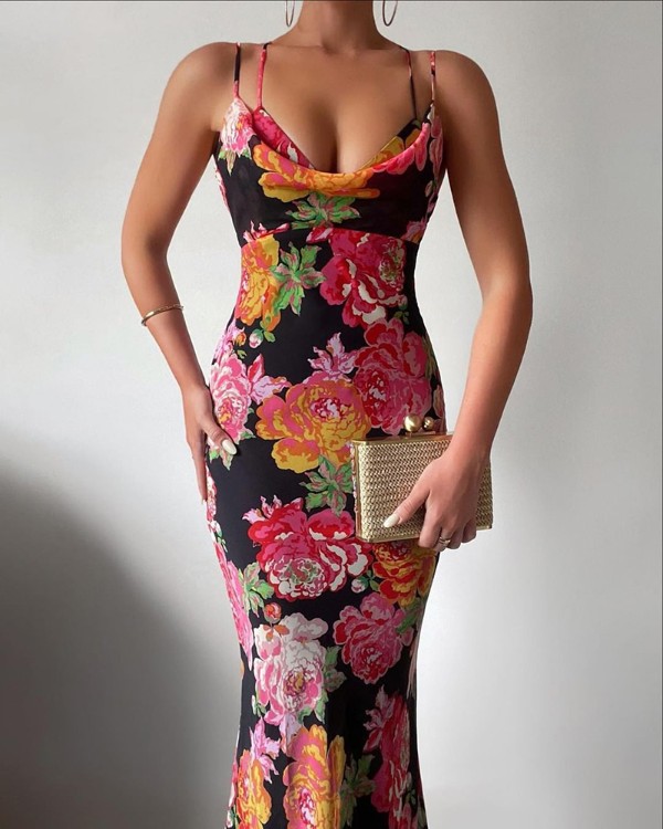 Floral Print Spaghetti Strap Mermaid Evening Dress