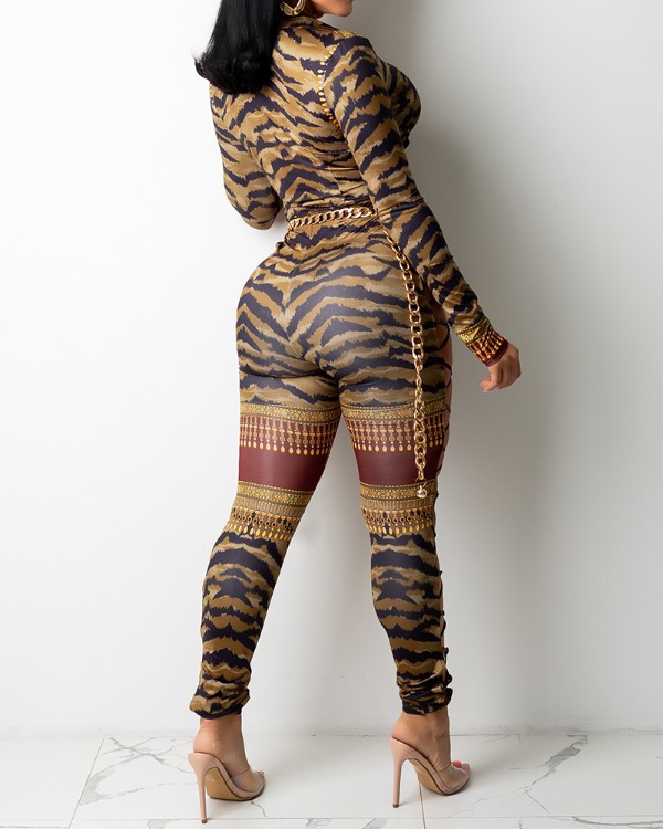 All Over Print Chain Decor Button Front Lace-Up Side Skinny Jumpsuit