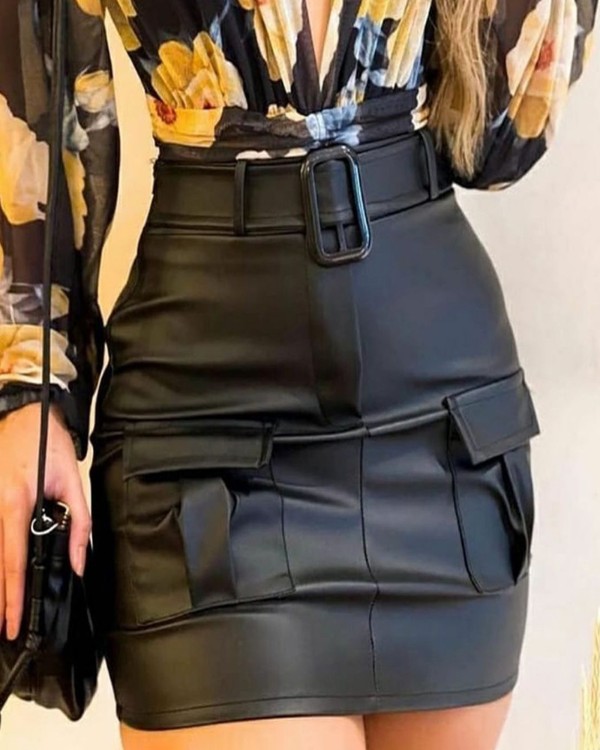 Pocket Design Skinny PU Leather Skirt