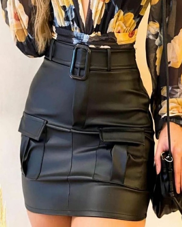 Pocket Design Skinny PU Leather Skirt