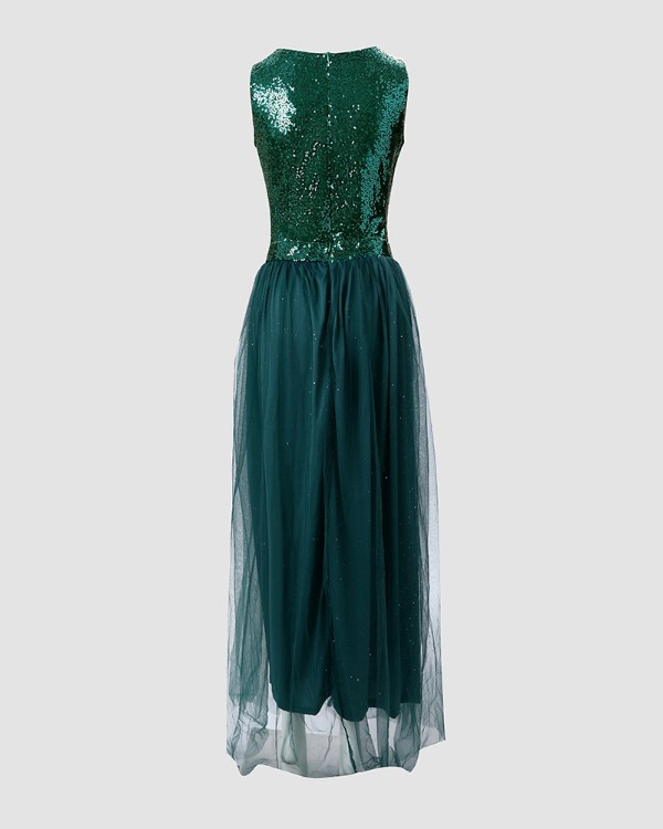 Multi-way Wear Sleeveless Sequin Dress With Sheer Mesh Skirt