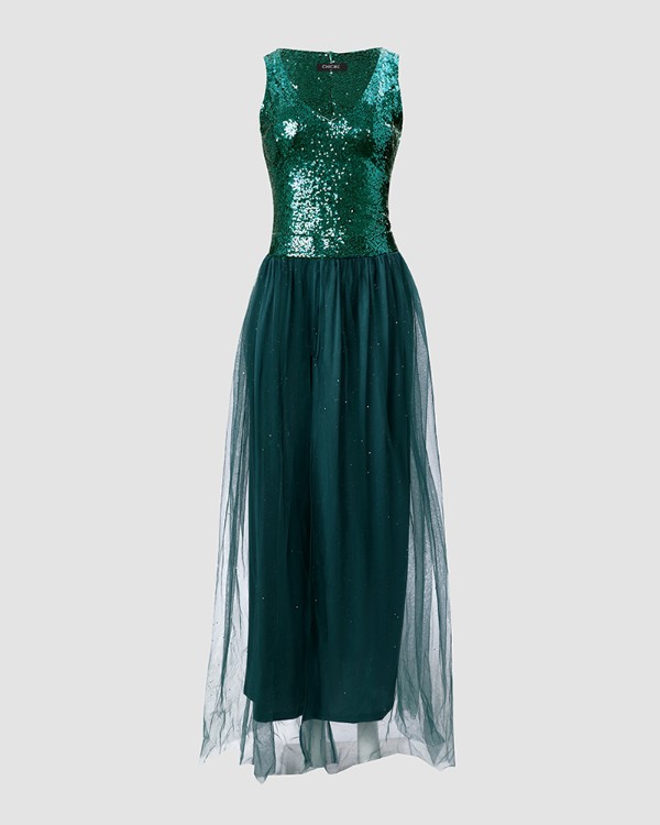 Multi-way Wear Sleeveless Sequin Dress With Sheer Mesh Skirt