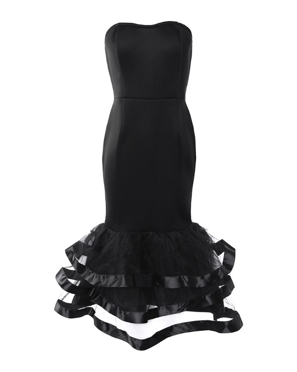 Bandeau Layered Mesh Ruffles Party Dress