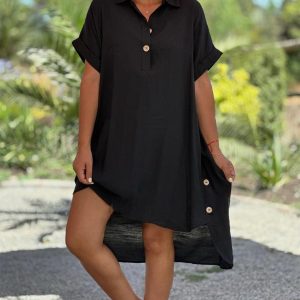 Button Detail High Low Hem Casual Dress