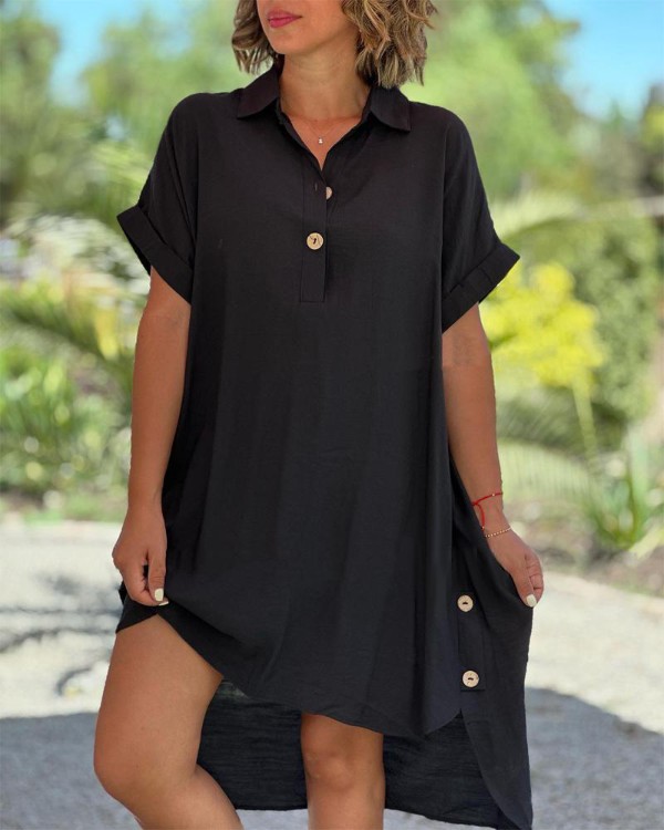 Button Detail High Low Hem Casual Dress