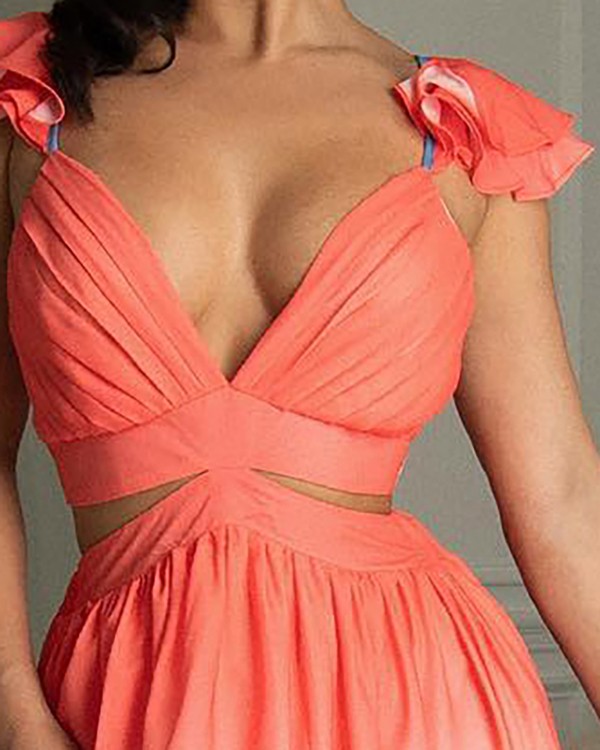 Tie Dye Print Cutout High Slit Ruffle Hem Evening Dress