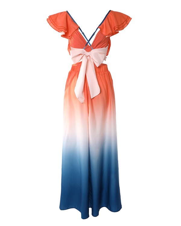Tie Dye Print Cutout High Slit Ruffle Hem Evening Dress