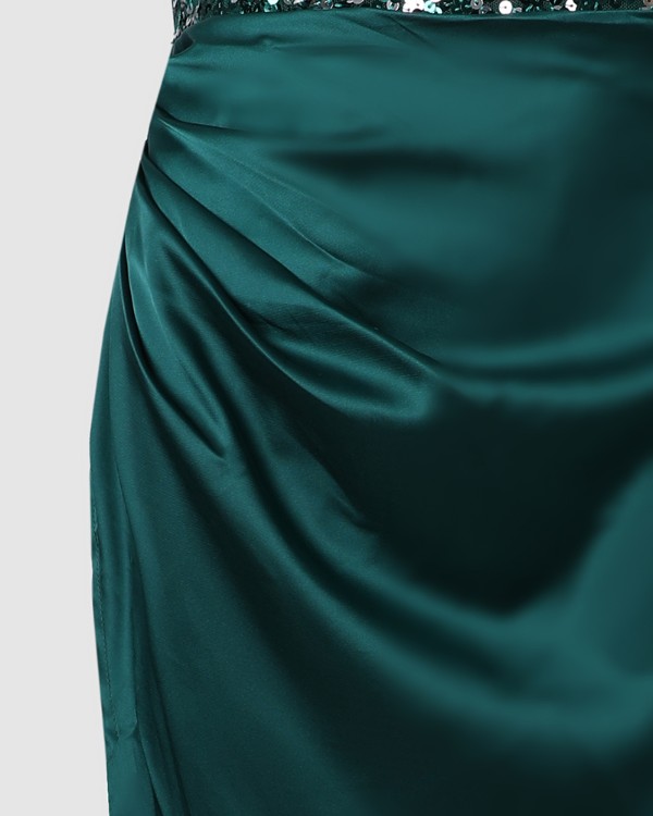 Satin Contrast Sequin Split Thigh Tube Evening Dress