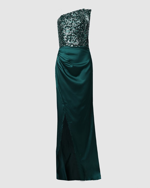 Satin Contrast Sequin Split Thigh Tube Evening Dress