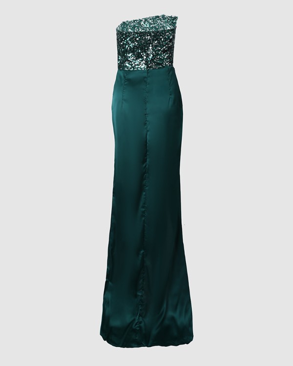 Satin Contrast Sequin Split Thigh Tube Evening Dress