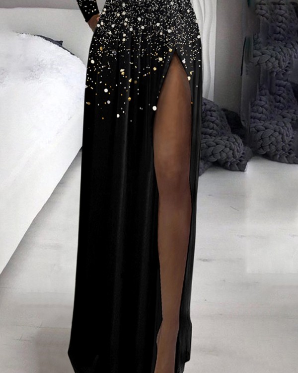 Print Ombre High Slit Mesh Patch Evening Dress