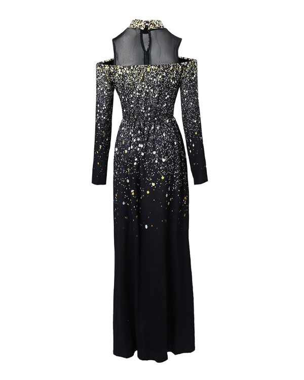 Print Ombre High Slit Mesh Patch Evening Dress
