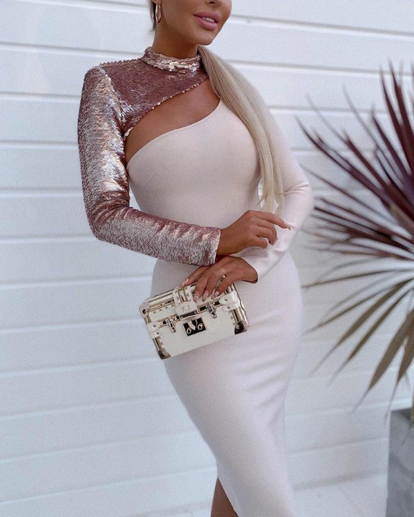 Contrast Sequin Cutout Long Sleeve Party Dress