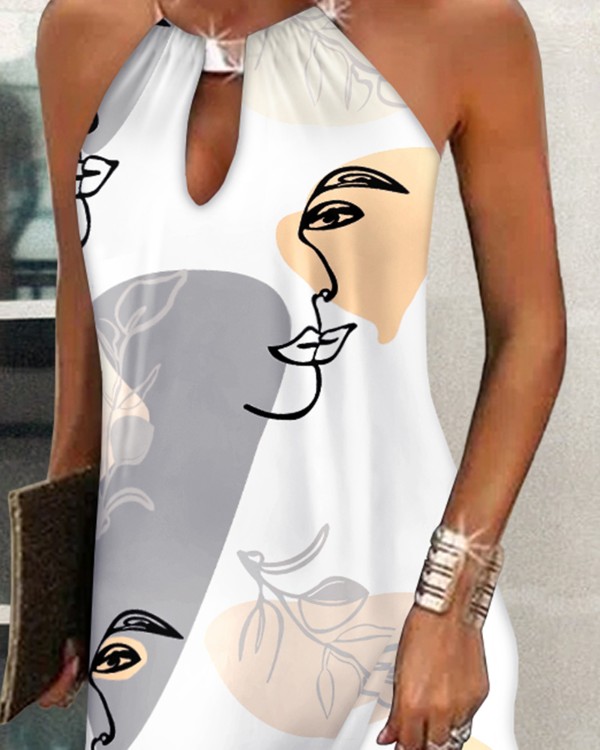 Abstract Figure Print Metal Halter Casual Dress