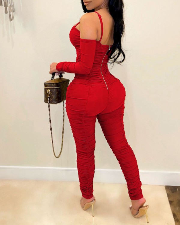 Cold Shoulder Ruched Skinny Jumpsuit