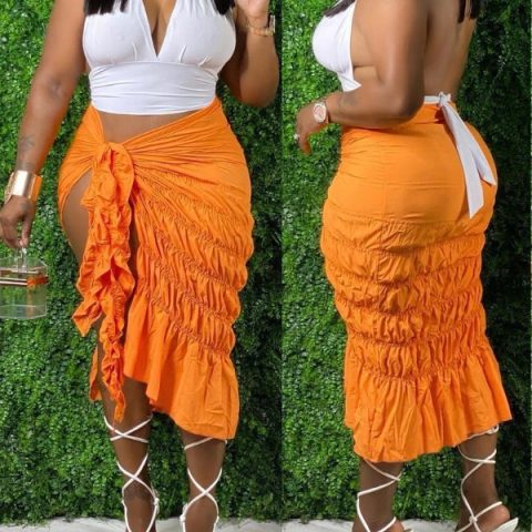 Tied Detail Ruched Ruffle Hem High Slit Skirt
