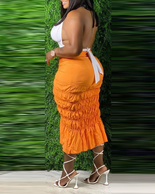 Tied Detail Ruched Ruffle Hem High Slit Skirt
