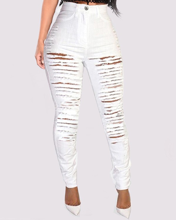 Fringe Hem Ladder Cutout Denim Pants
