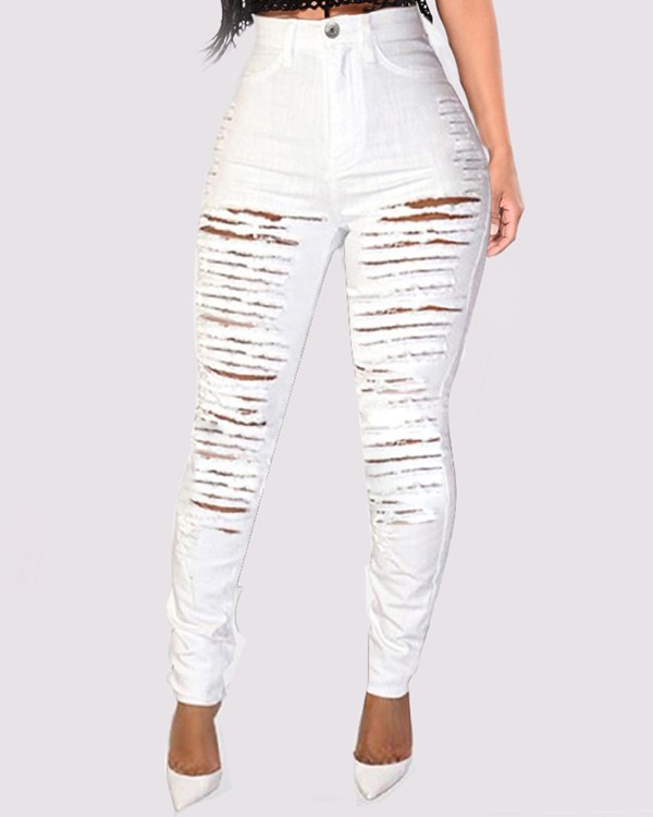 Fringe Hem Ladder Cutout Denim Pants
