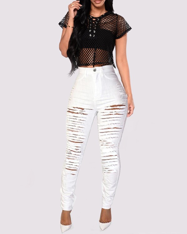 Fringe Hem Ladder Cutout Denim Pants