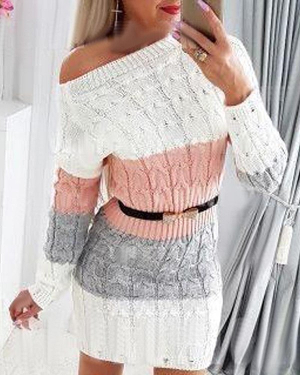 Colorblock Long Sleeve Cable Knit Sweater Dress