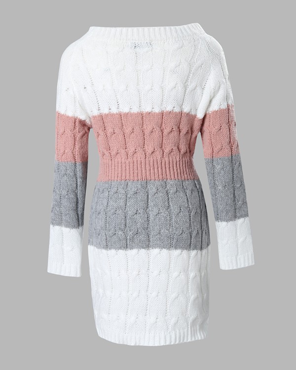 Colorblock Long Sleeve Cable Knit Sweater Dress