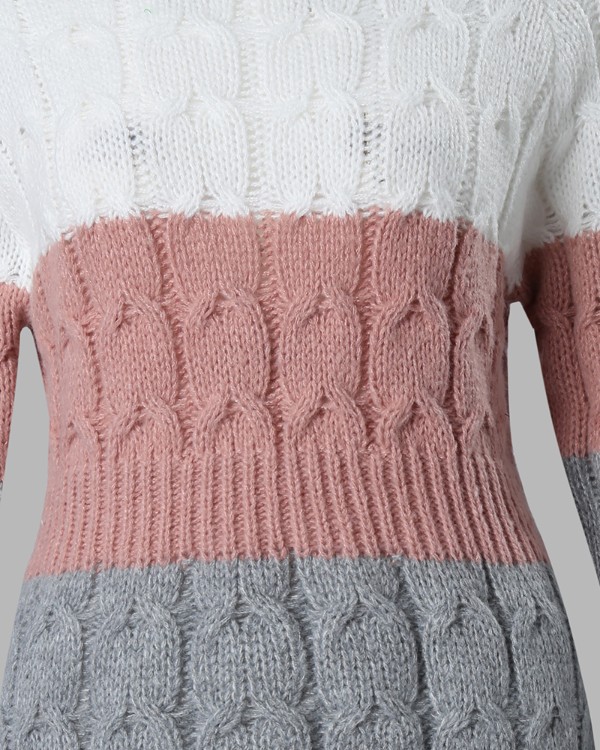 Colorblock Long Sleeve Cable Knit Sweater Dress