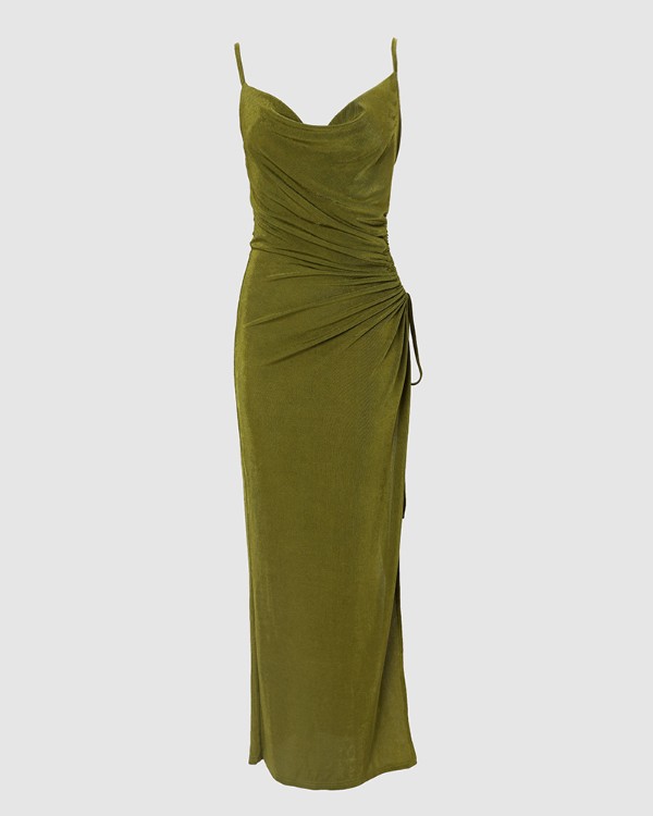 Spaghetti Strap Drawstring Slit Ruched Evening Dress