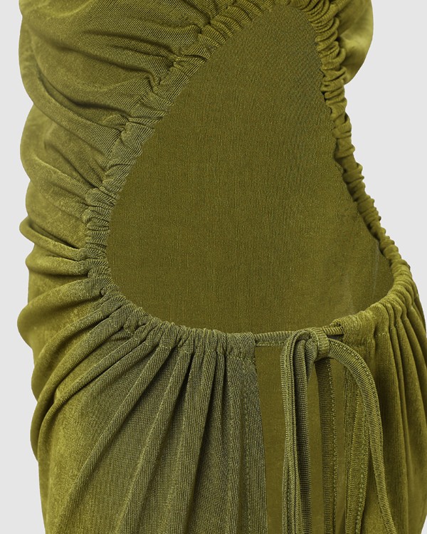 Spaghetti Strap Drawstring Slit Ruched Evening Dress