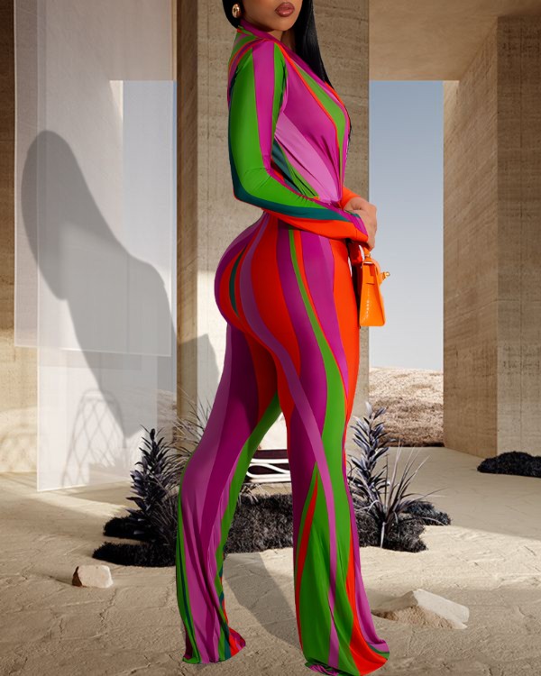 Colorblock Plunge Long Sleeve Bootcut Jumpsuit