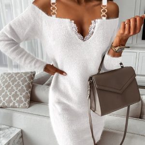 Contrast Lace Cold Shoulder Fluffy Long Sleeve Dress
