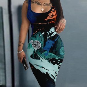 Abstract Print Sleeveless Bodycon Dress
