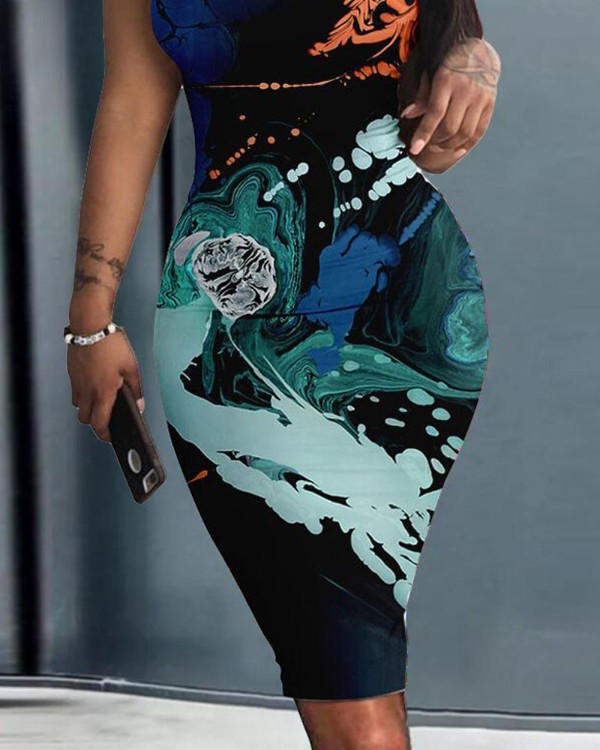 Abstract Print Sleeveless Bodycon Dress