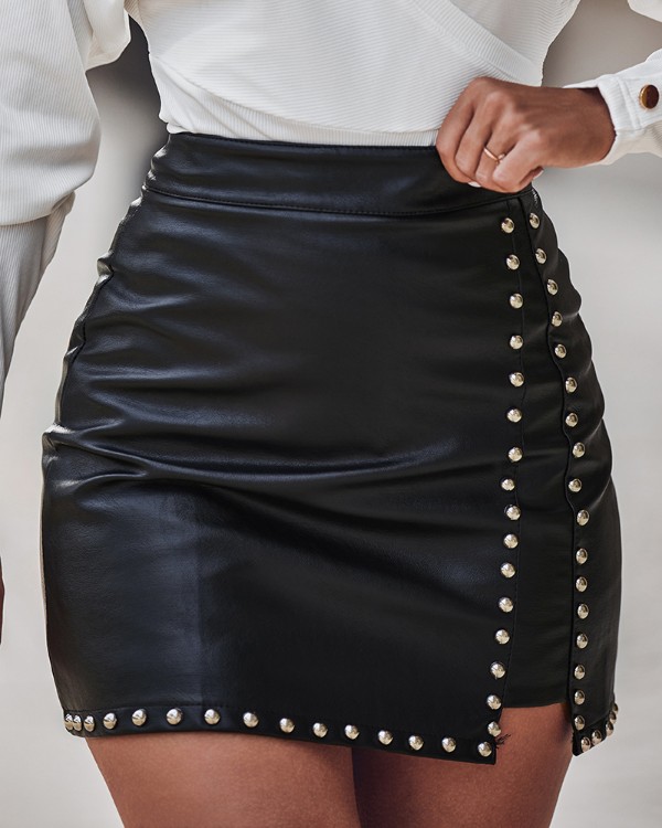 PU Leather Studded High Waist Skirt