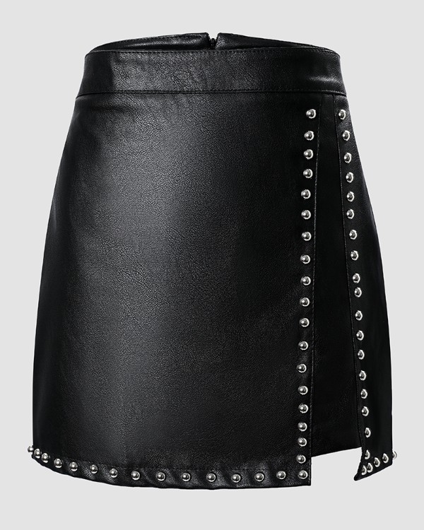 PU Leather Studded High Waist Skirt