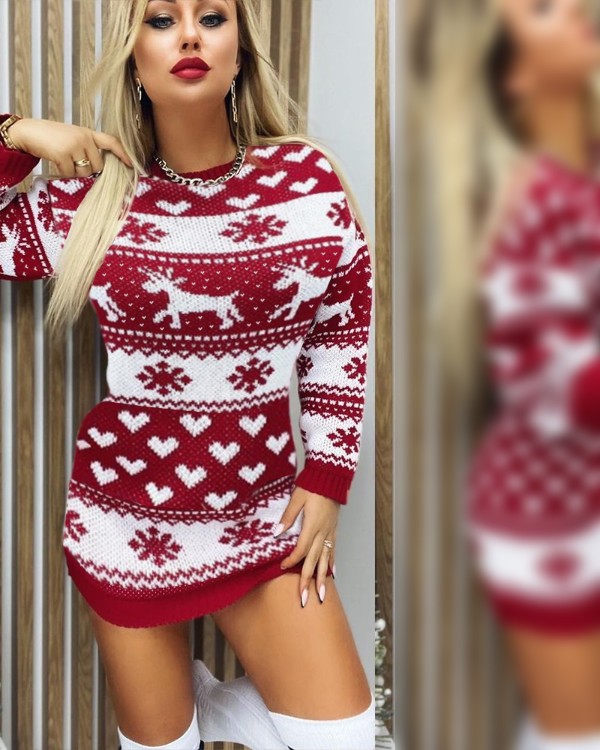 Christmas Elk Heart Snowflake Print Casual Dress