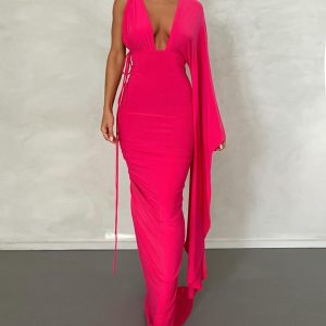 Asymmetrical Neck Backless Plunge Evening Dress