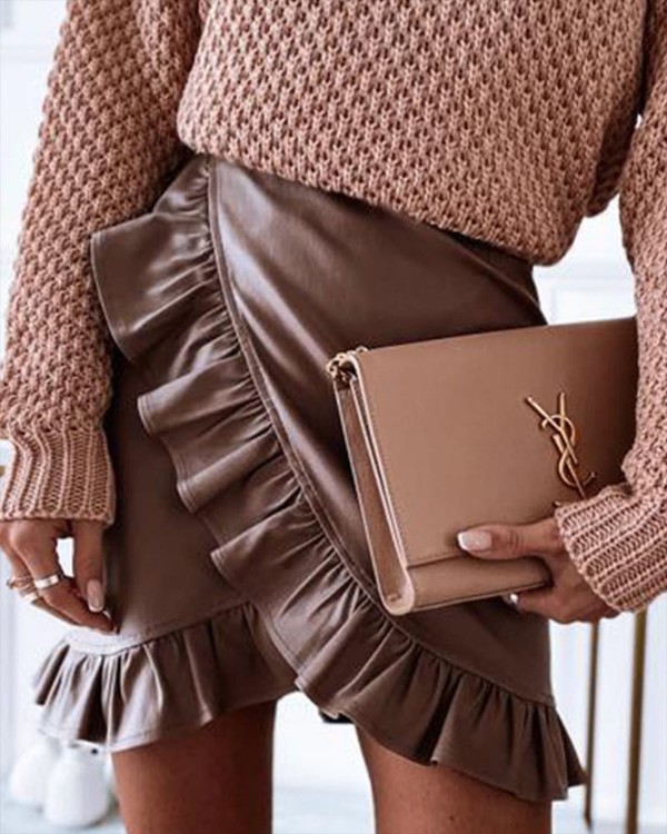 PU Leather Ruffle Hem Mini Skirt