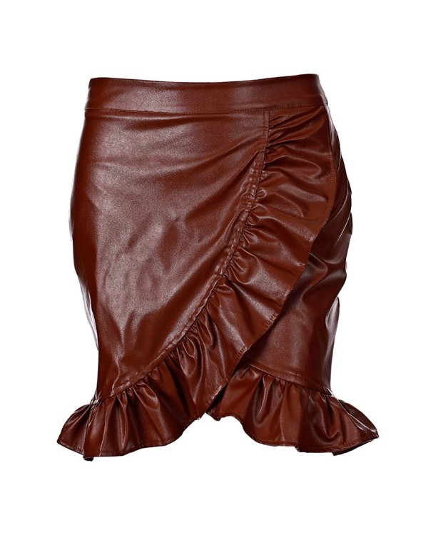 PU Leather Ruffle Hem Mini Skirt