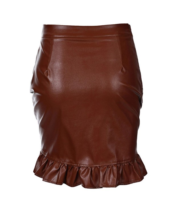 PU Leather Ruffle Hem Mini Skirt