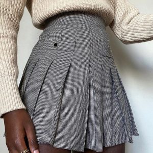 Houndstooth Print Buttoned Pleated Skirt