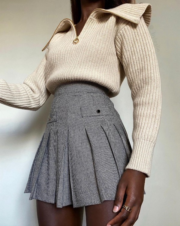Houndstooth Print Buttoned Pleated Skirt
